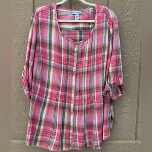 Catherines Pink Plaid Button Tunic Blouse Women Plus 1X Woven Roll Tab Sleeve